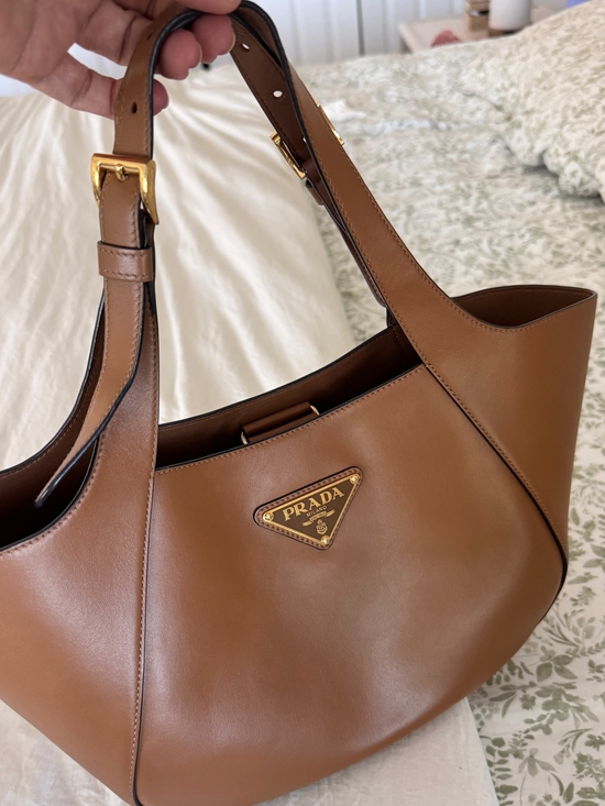 Prada Handbags - Prada Tan Leather Shoulder Bag with Gold Logo